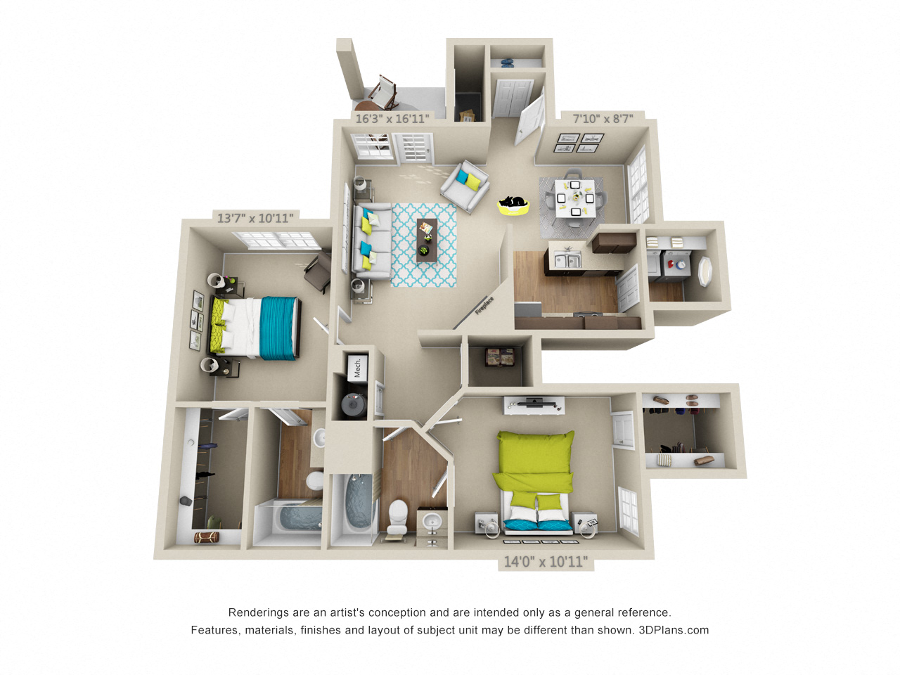 Floor plan for 2 beds, 2 baths, 1337 sqft